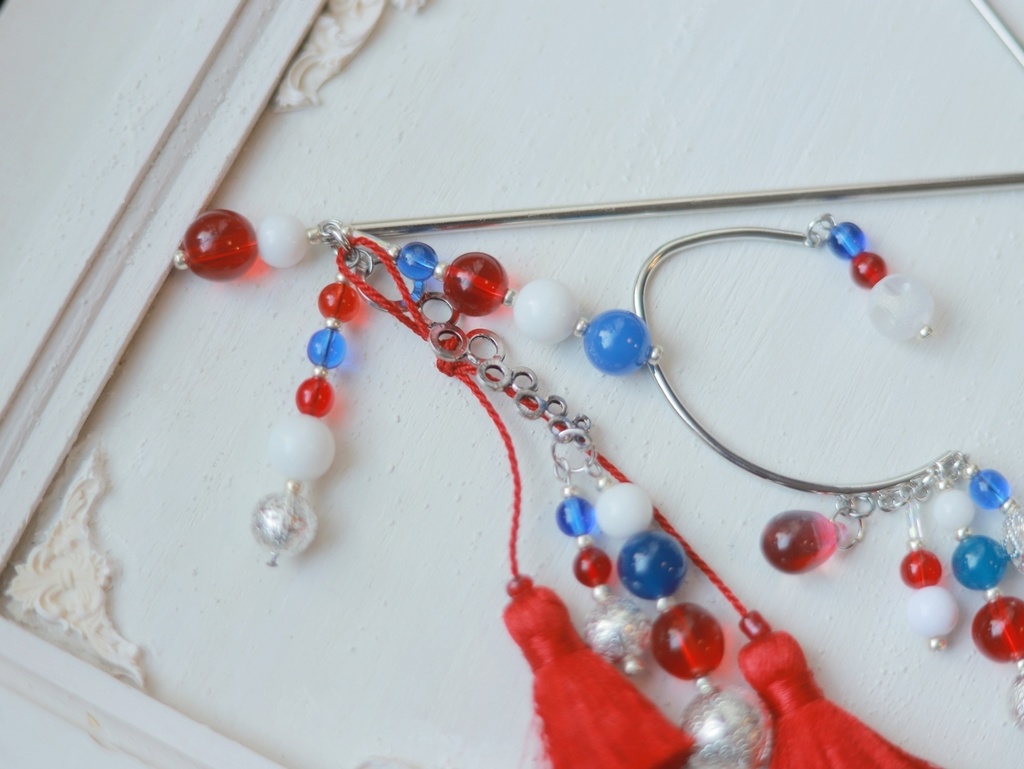 赤×青ぽこぽこかんざし&イヤーフック