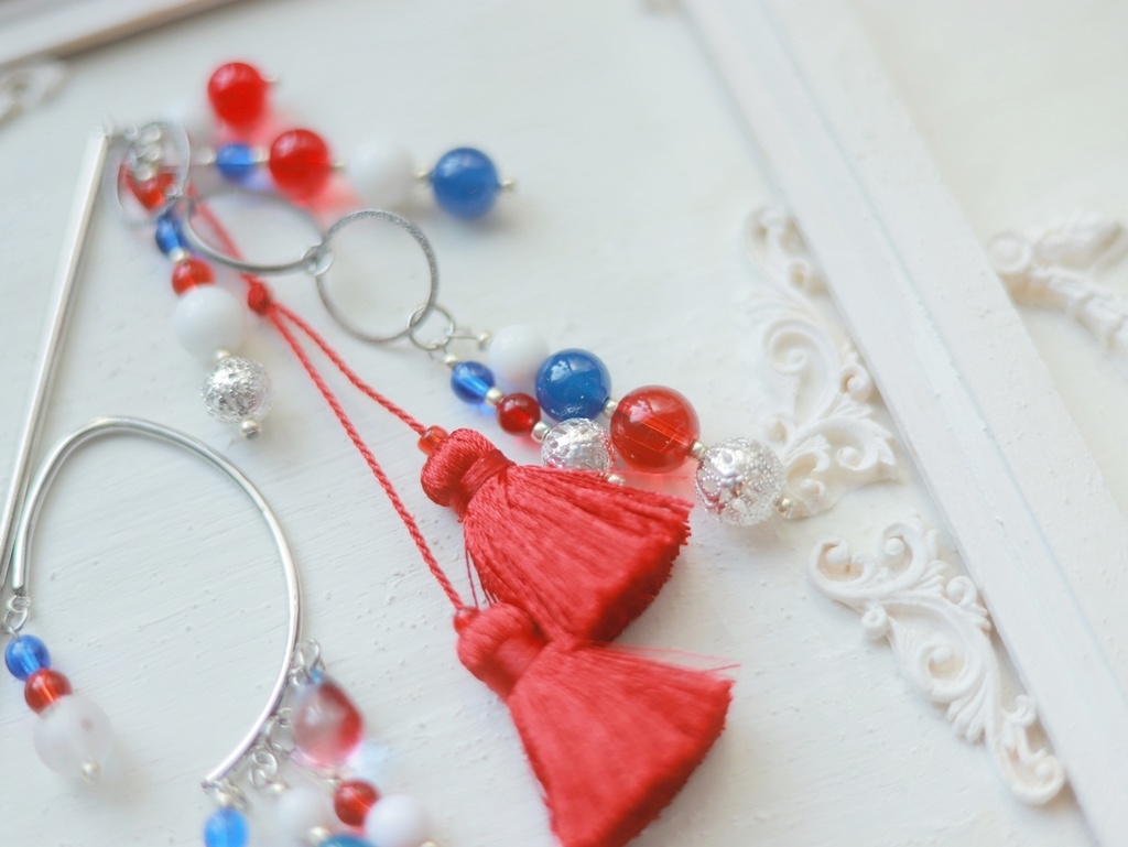 赤×青ぽこぽこかんざし&イヤーフック