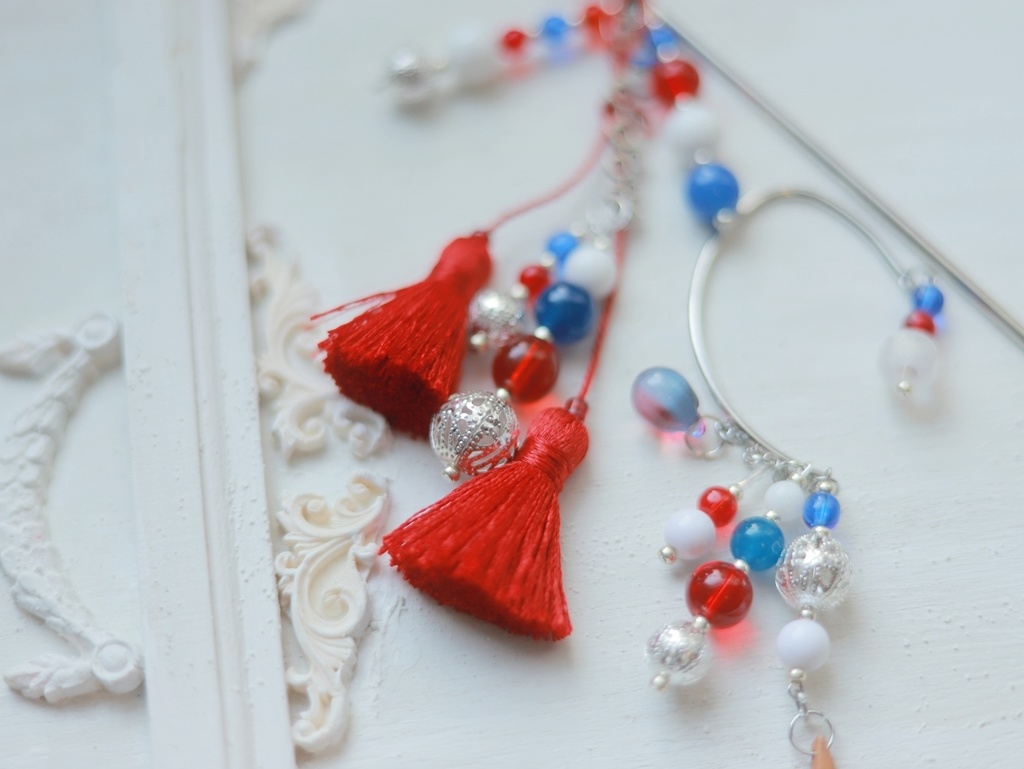 赤×青ぽこぽこかんざし&イヤーフック
