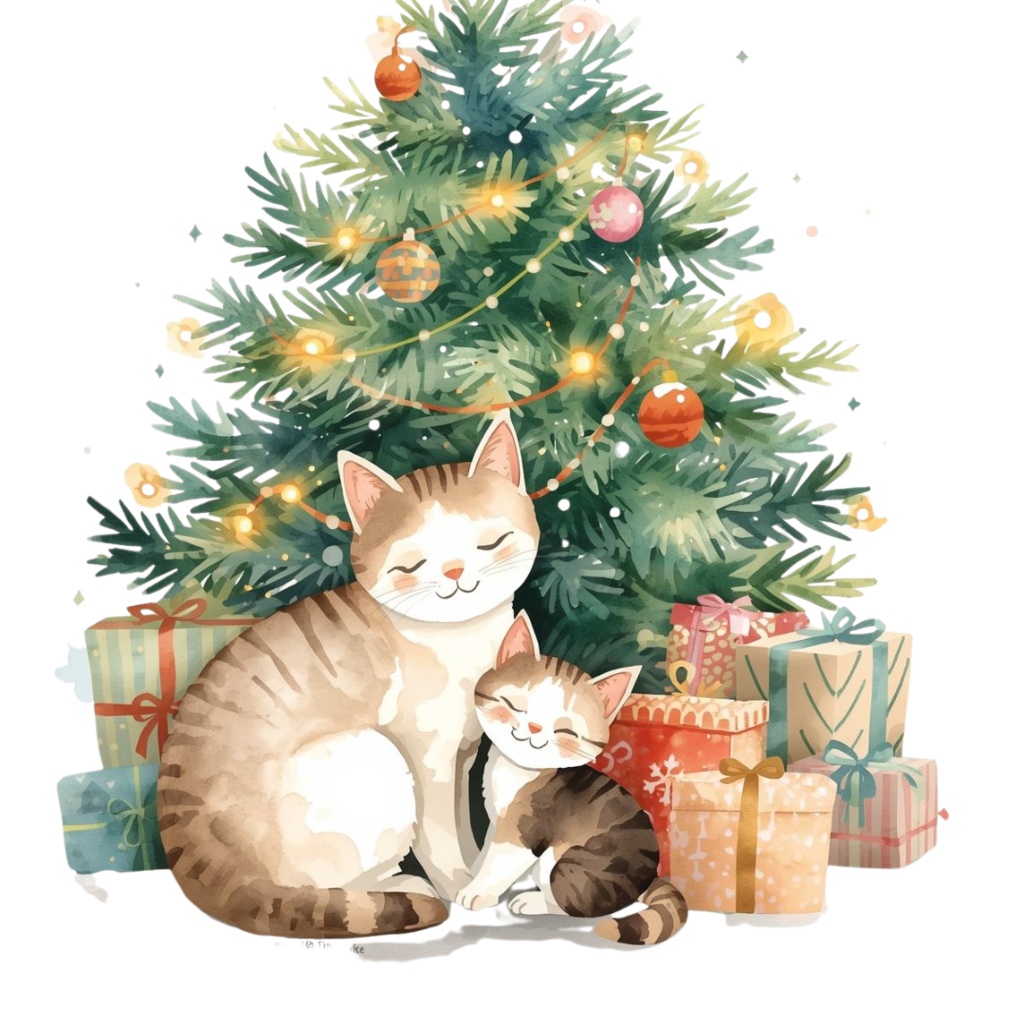 かわいいクリスマスねこクリップアート12点セット|水彩風イラスト素材・透過PNG・商用利用OK