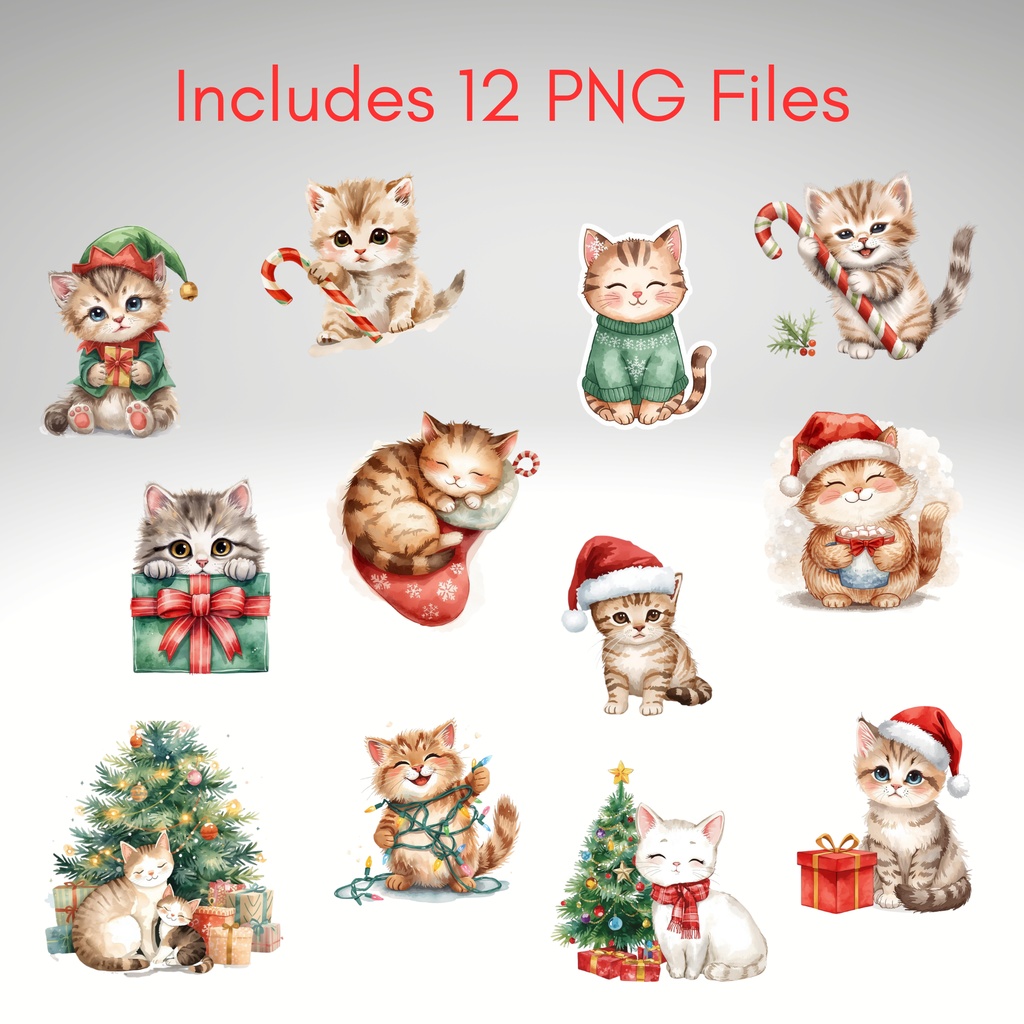 かわいいクリスマスねこクリップアート12点セット|水彩風イラスト素材・透過PNG・商用利用OK