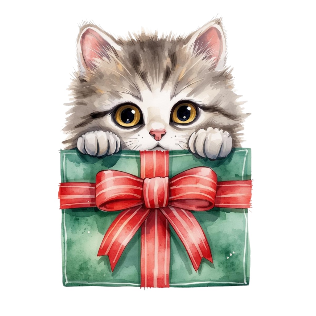 かわいいクリスマスねこクリップアート12点セット|水彩風イラスト素材・透過PNG・商用利用OK