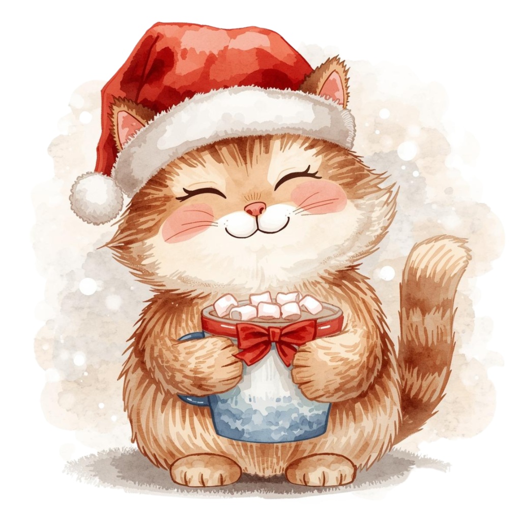 かわいいクリスマスねこクリップアート12点セット|水彩風イラスト素材・透過PNG・商用利用OK