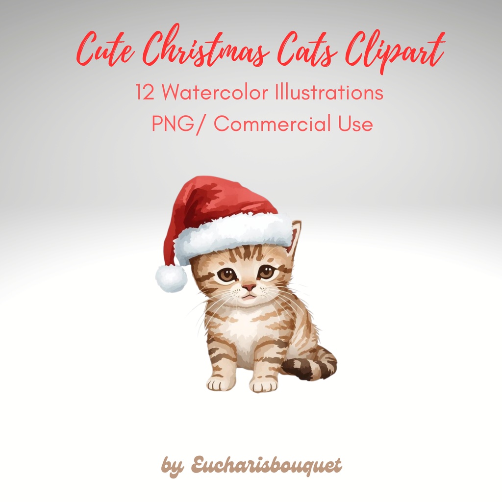 かわいいクリスマスねこクリップアート12点セット｜水彩風イラスト素材・透過PNG・商用利用OK