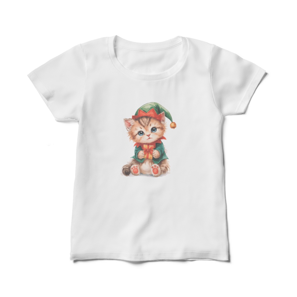 クリスマス子猫のTシャツ｜水彩風かわいい猫イラスト｜レディースTシャツ・Printstar 綿100%