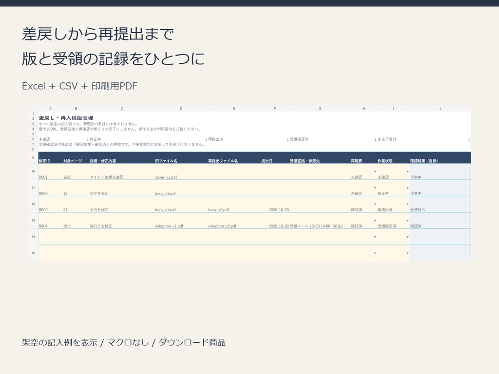 同人誌の差戻し・再入稿版管理シート【Excel・CSV・PDF】