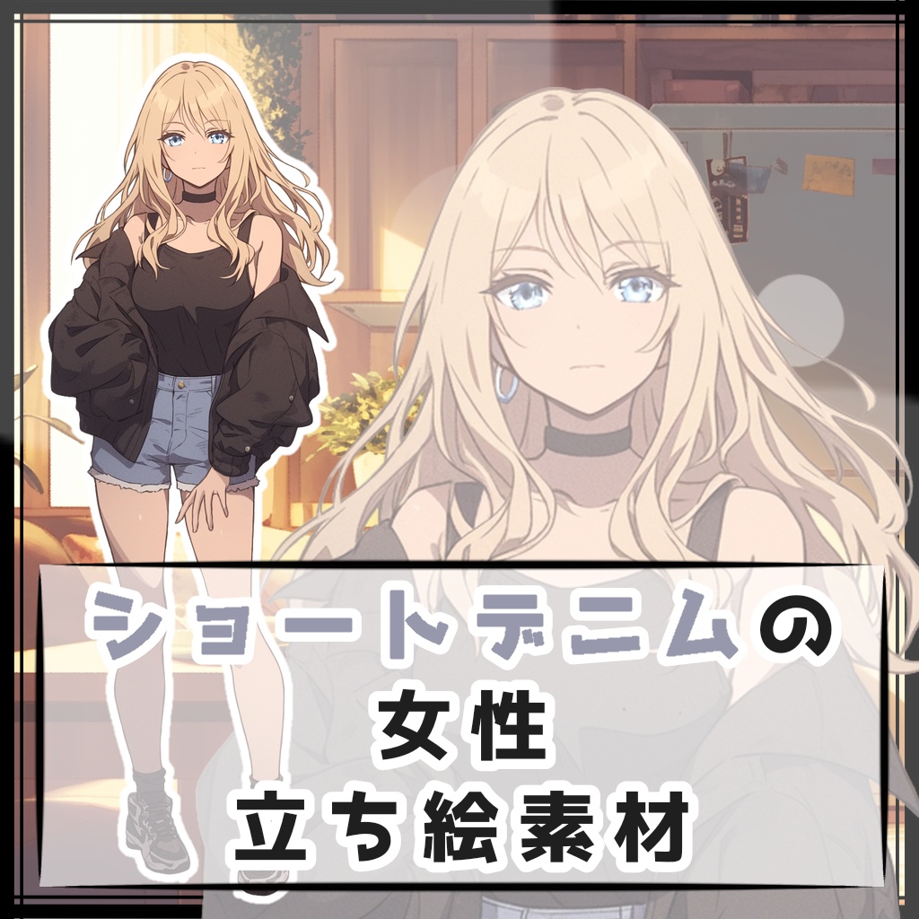 ショートデニムの女性 全身立ち絵素材