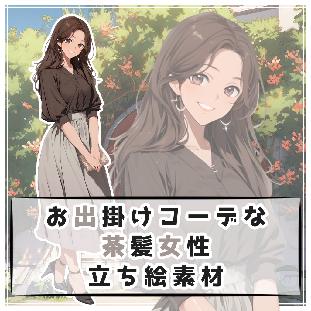お出掛けコーデな茶髪女性 全身立ち絵素材
