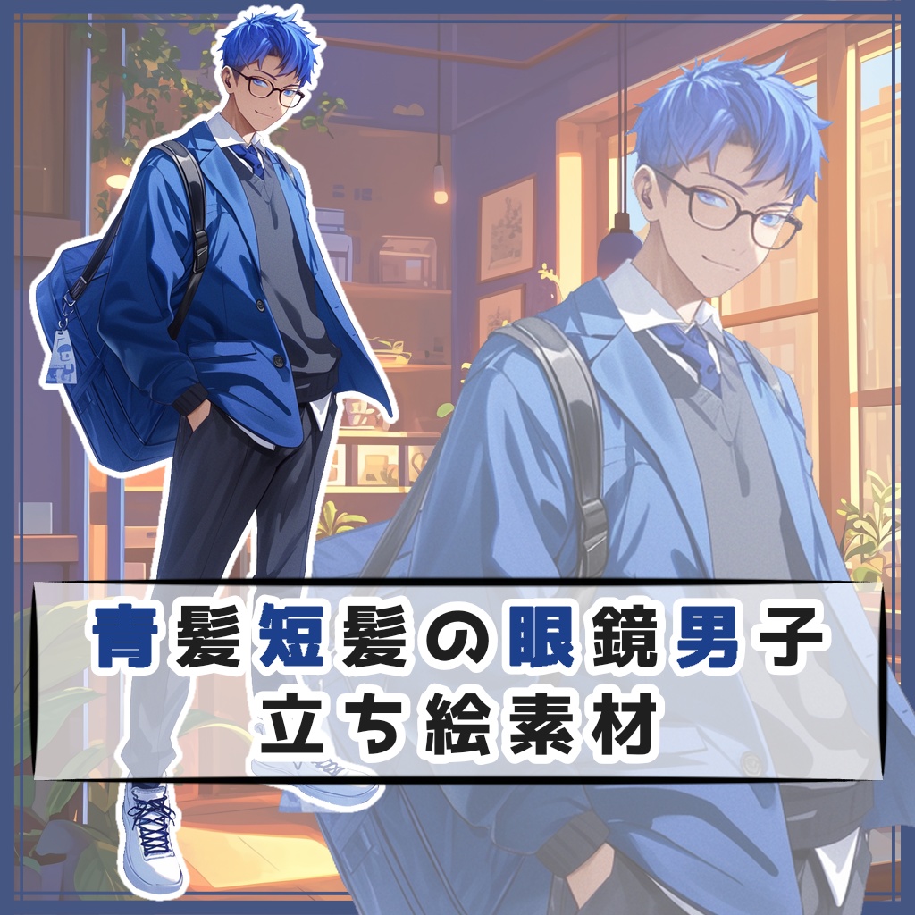 青髪短髪の眼鏡男子 全身立ち絵素材