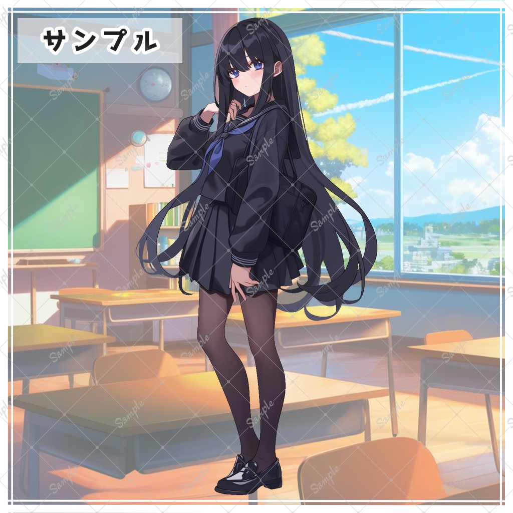 ロングヘアーのセーラー服を着た女子高生イラスト - No