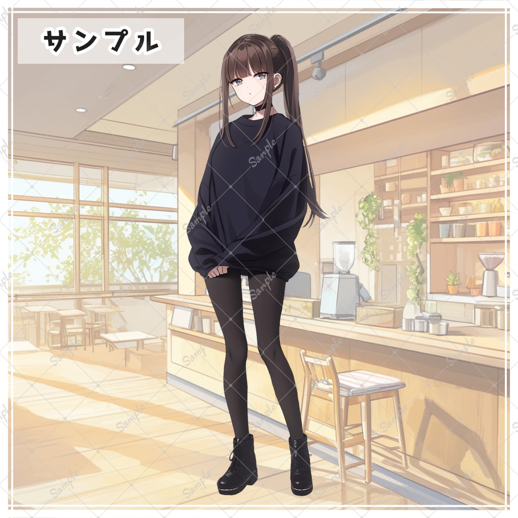 焦げ茶ポニーテールの私服女性 全身立ち絵素材 - 月のお店 - BOOTH