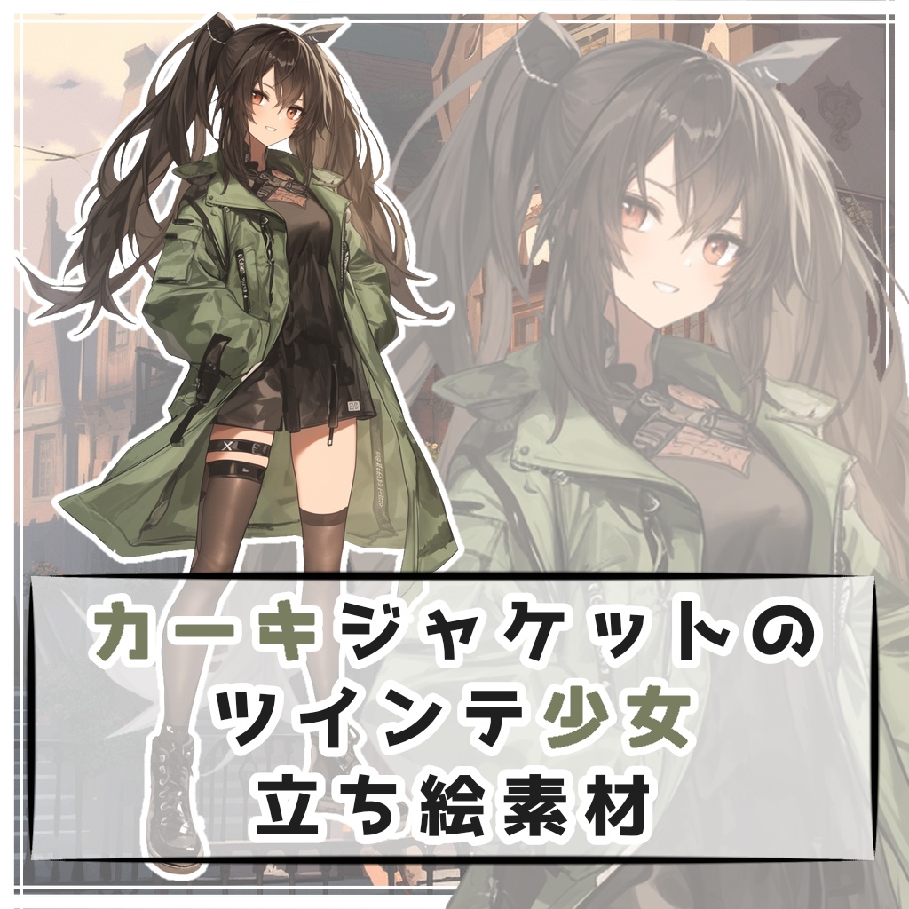 カーキジャケットのツインテ少女 全身立ち絵素材
