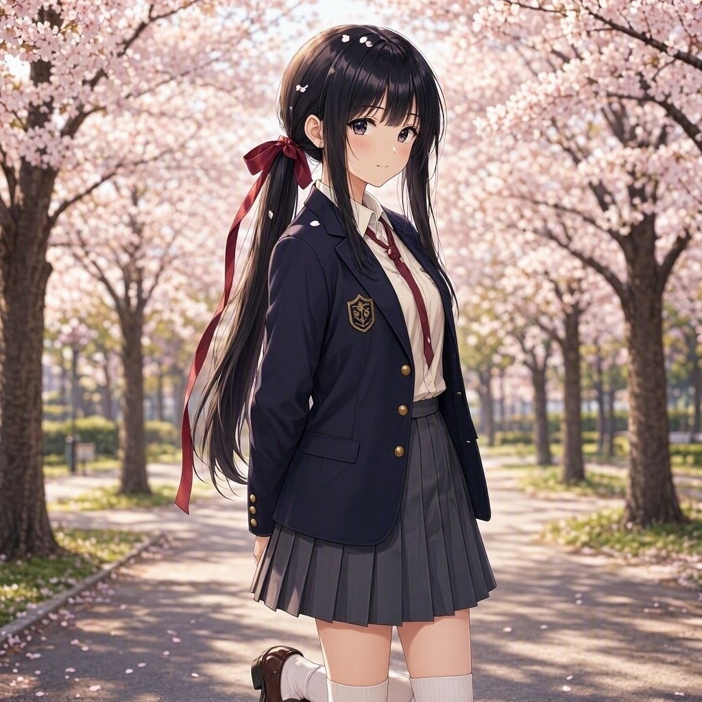 【AIイラスト素材】黒髪ロング女子高生 髪型バリエーション10種セット/桜背景