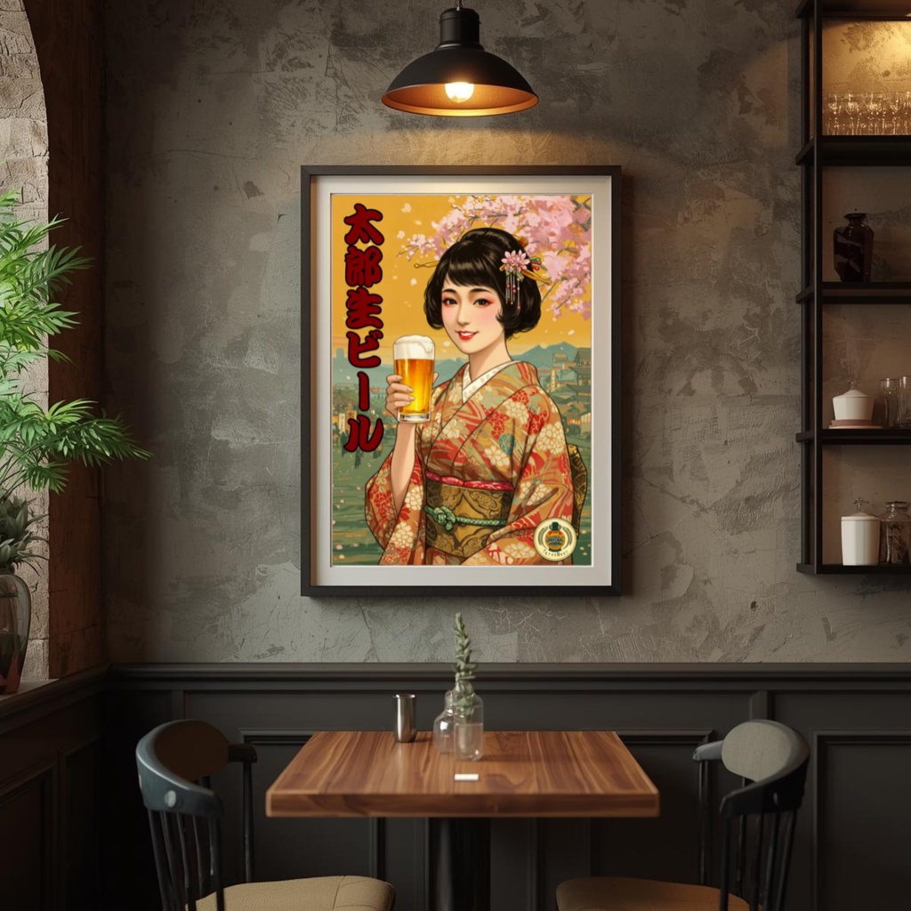 昭和レトロ風ポスター|太郎生ビール「桜美人」広告ポスター | デジタルダウンロード