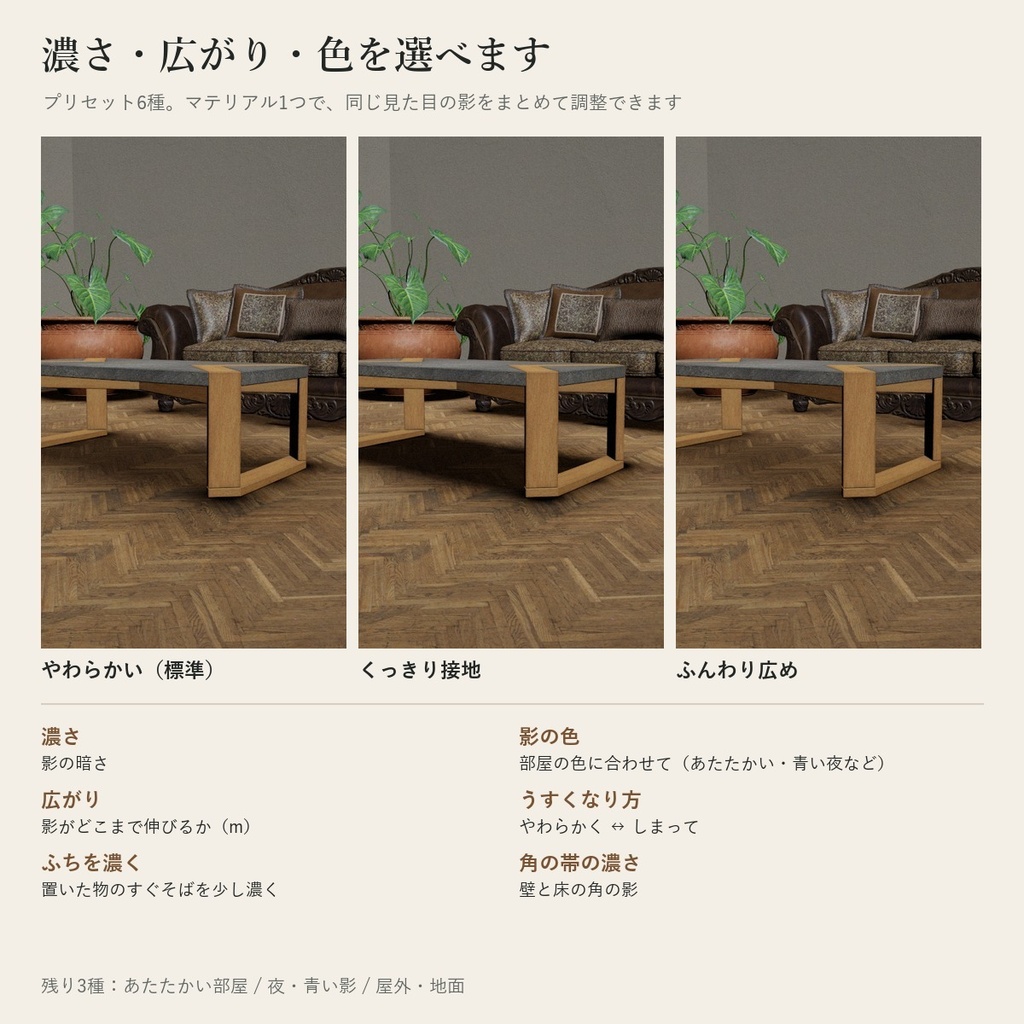 【VRChatワールド】家具の足元のやわらかい影「スミカゲ」ベイク不要の接地影【PC/Quest】