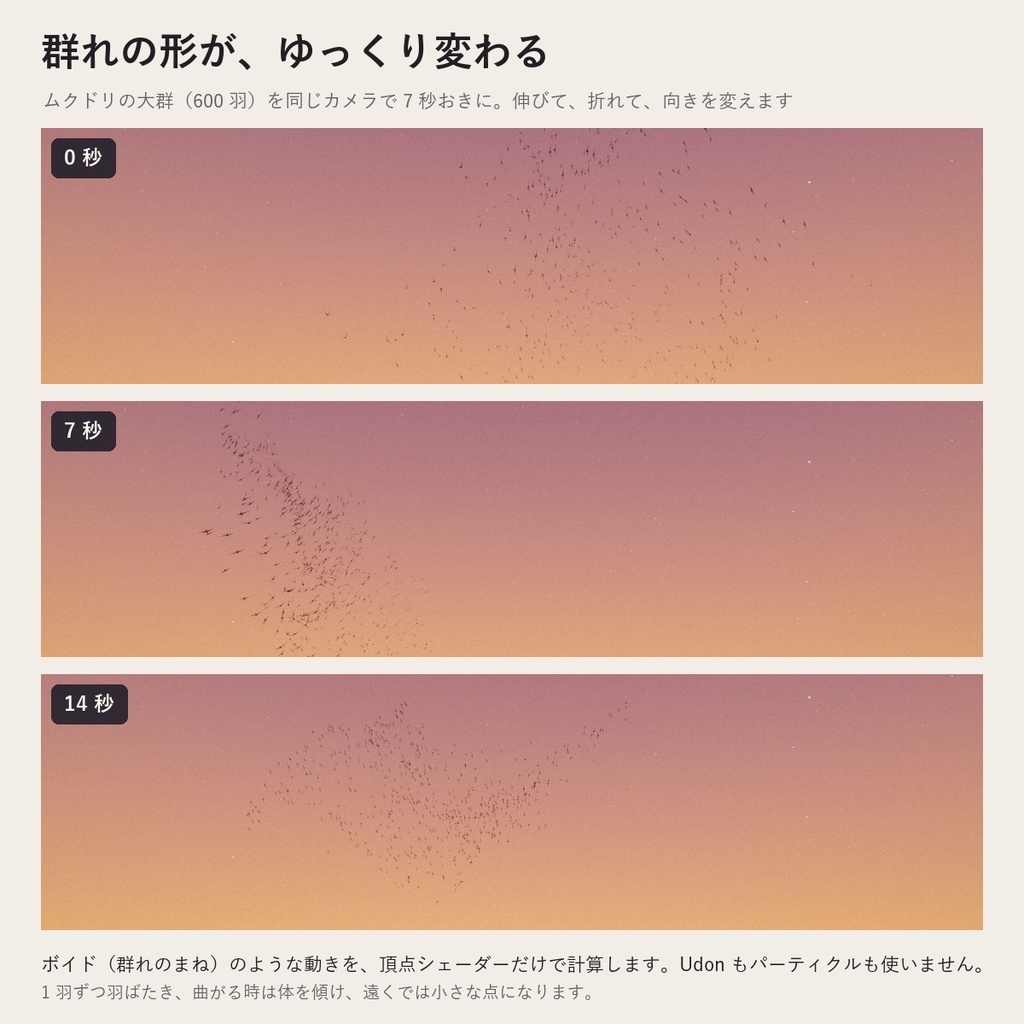 【VRChatワールド】空を飛ぶ鳥の群れ「トリノムレ」カラス・渡り鳥・コウモリ・蝶・ホタル【PC/Quest】