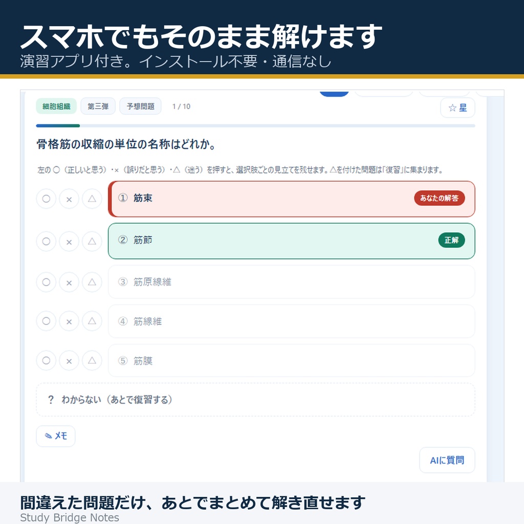 解剖学 5択・詳細解説編 第1集|テスト対策用マーク式・全16単元789問・全選択肢に理由つき解説|PDF+演習アプリ