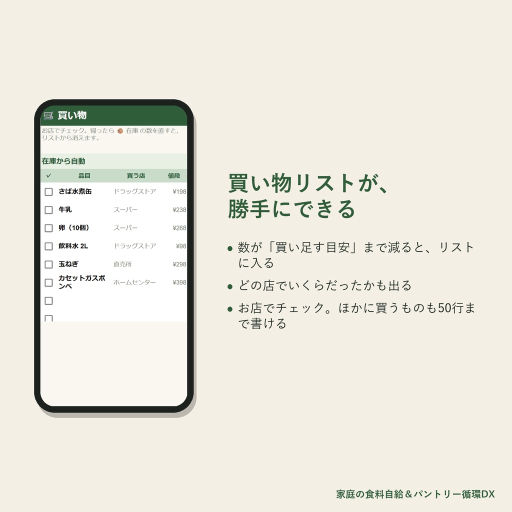 冷蔵庫の食材と防災備蓄を1つで管理|期限・買い物リストが自動で出る Googleスプレッドシート(スマホ対応)