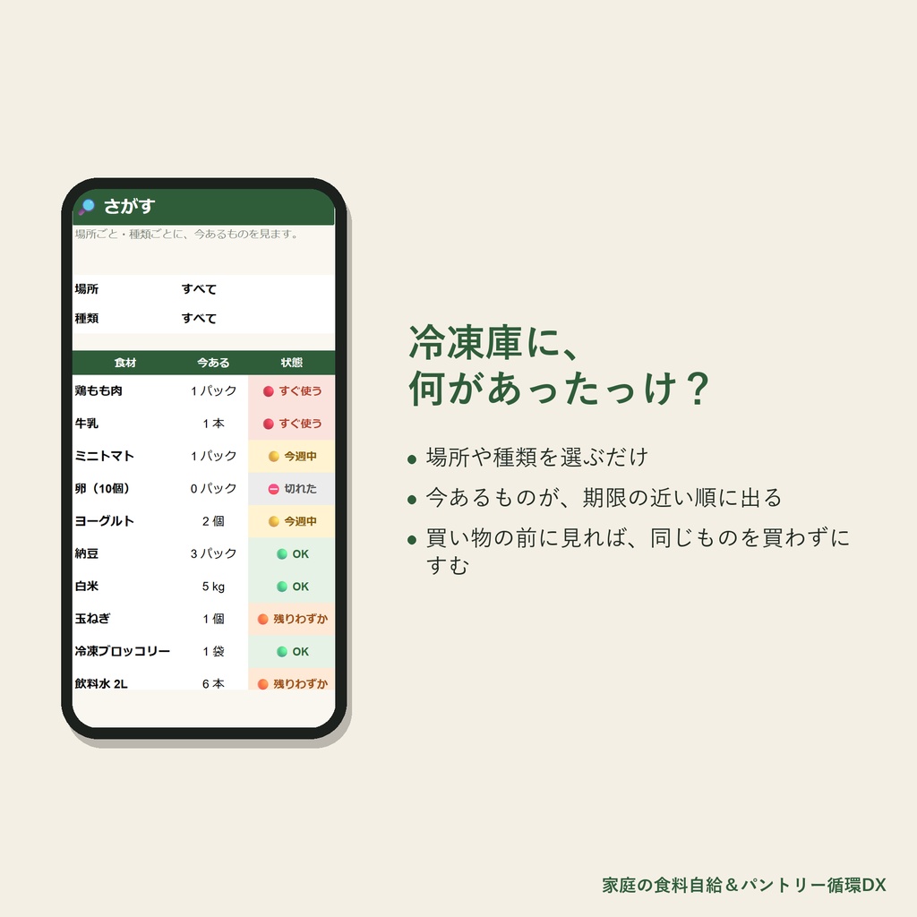 冷蔵庫の食材と防災備蓄を1つで管理|期限・買い物リストが自動で出る Googleスプレッドシート(スマホ対応)