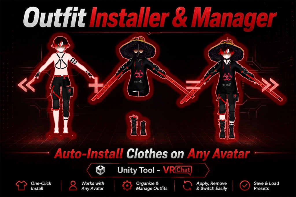 [Unity Tool - VRChat] Outfit Installer & Manager – Auto-Install Clothes on Any Avatar | English, Español, 日本語, Deutsch, 한국어, 简体中文