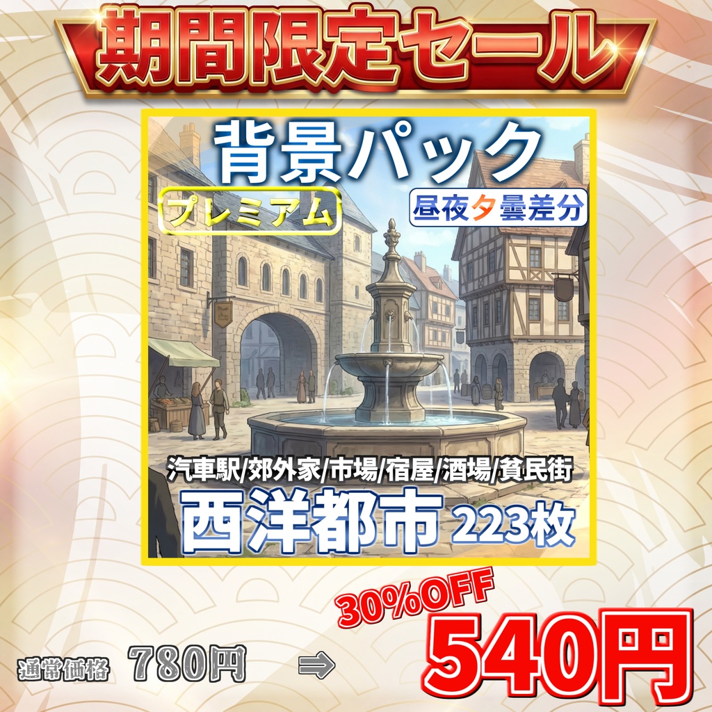 【4/15まで期間限定30%割引!】中世&現代西欧都市背景パック223枚【昼夜夕曇差分】【TRPG背景素材/CoC/ゲーム素材背景イラスト】