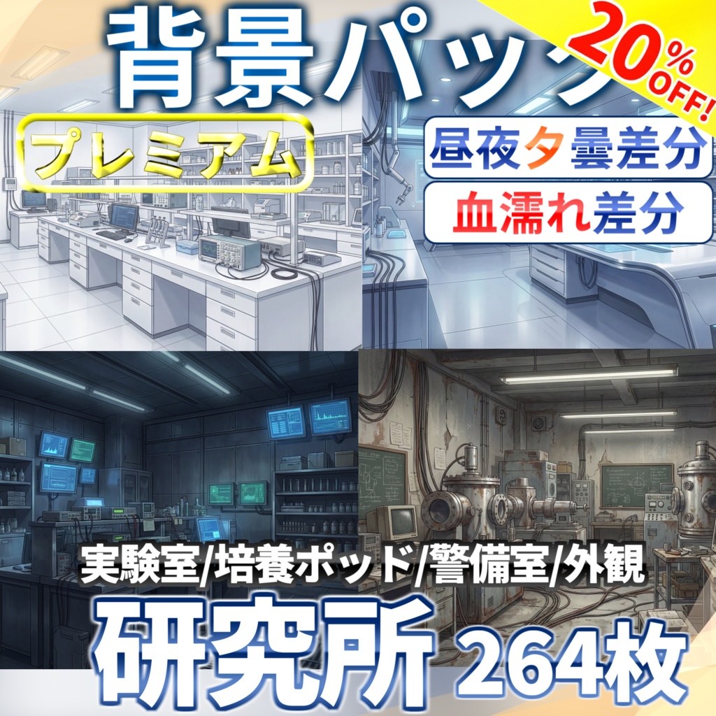 【ウィンターセール！】研究所コンプリート背景パック264枚【昼夜夕曇+血濡れ差分】【TRPG背景素材/CoC/ゲーム素材背景イラスト】