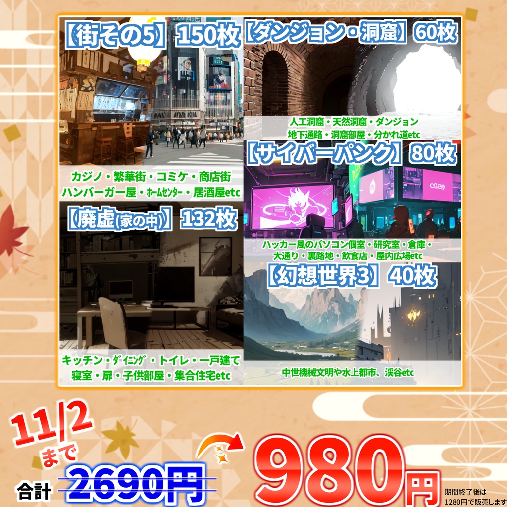 【オーラムセール!】街その5・廃墟(家の中)・ダンジョン/洞窟・サイバーパンク・幻想世界3背景イラストまとめパック11【TRPG・CoC背景素材】