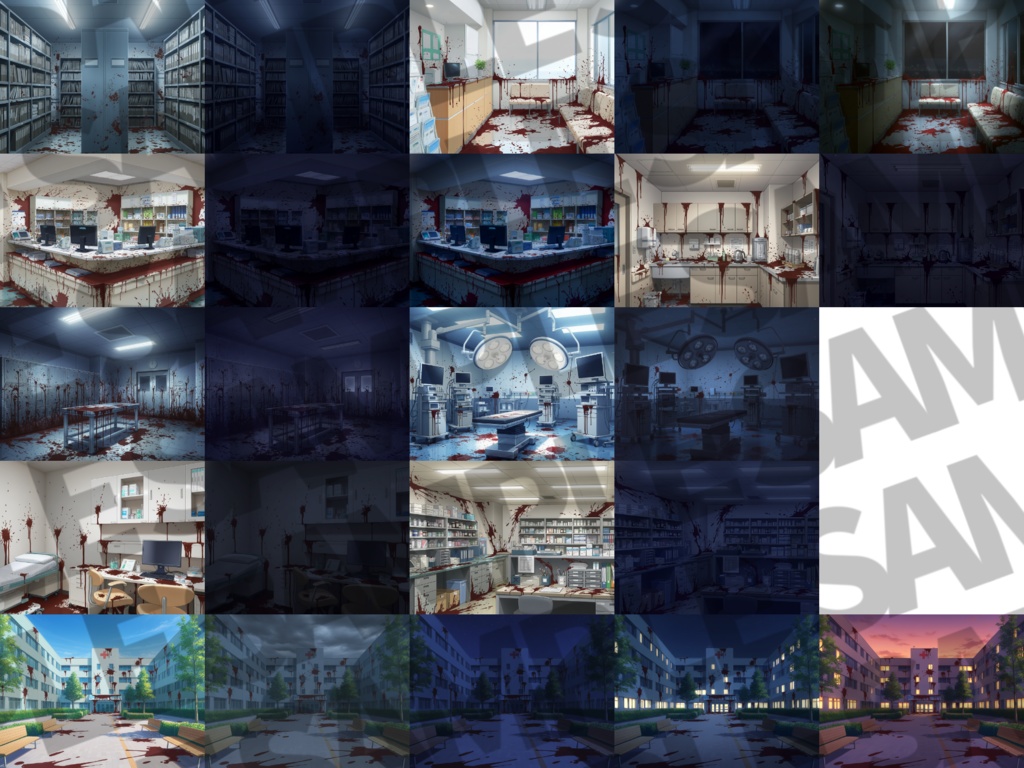 【12/1まで期間限定割引!】病院/血濡れ病院背景パック63/63枚【TRPG背景素材/CoC/ゲーム素材/背景イラスト】【昼夜差分/血濡れ差分】