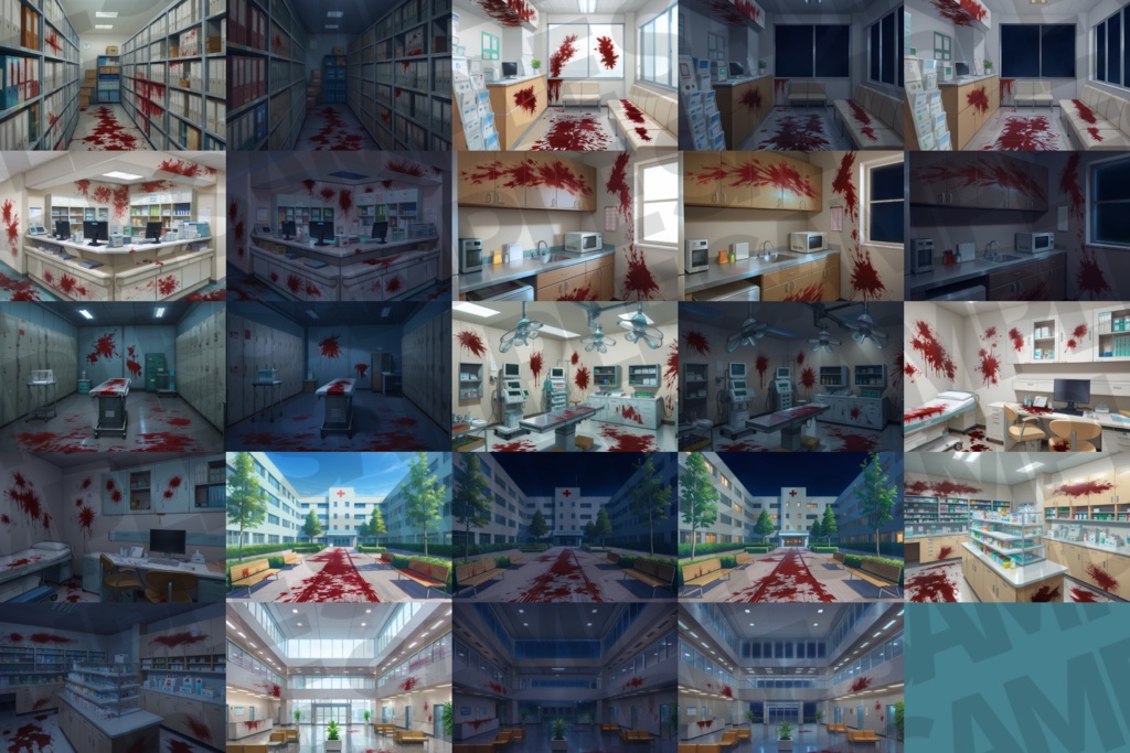 【12/1まで期間限定割引!】病院/血濡れ病院背景パック44/43枚【TRPG背景素材/CoC/ゲーム素材/背景イラスト】【昼夜差分/血濡れ差分】