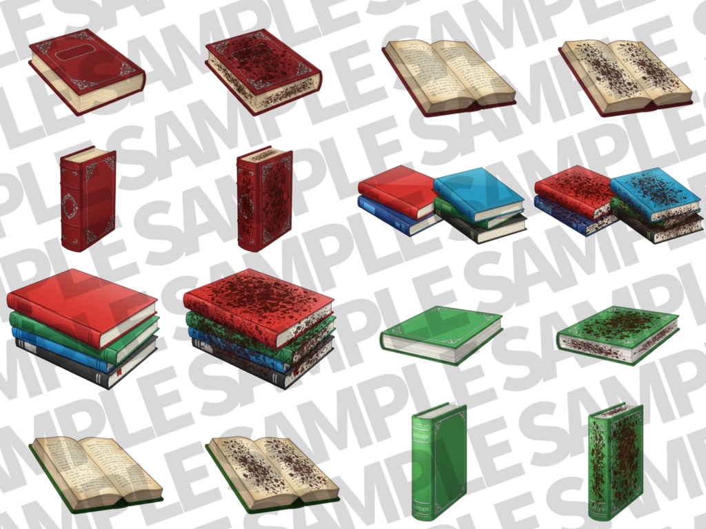 【透過イラスト】本・雑誌・魔導書イラスト【血・角度差分/透過イラスト素材】【TRPG/CoC/ゲーム素材】透過イラスト