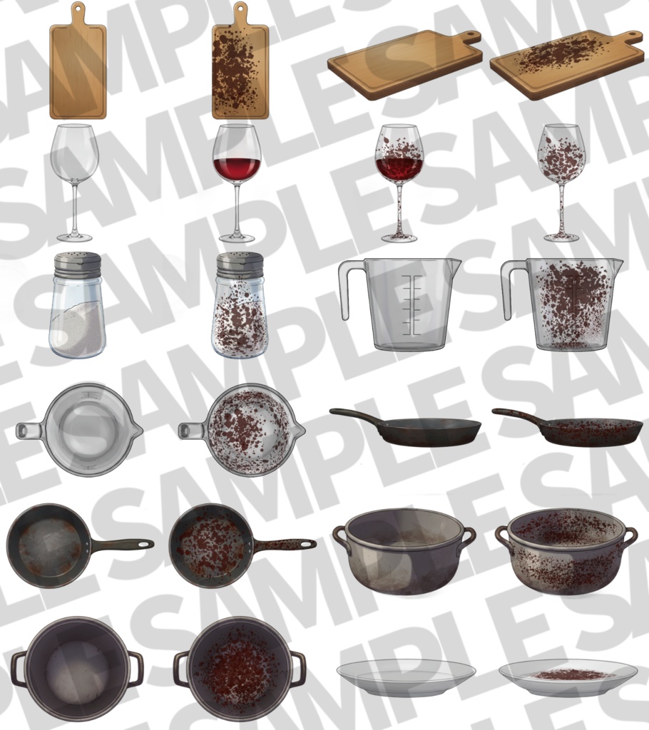 【透過イラスト】キッチン小物イラスト【血・角度差分/透過イラスト素材】【TRPG/CoC/ゲーム素材】