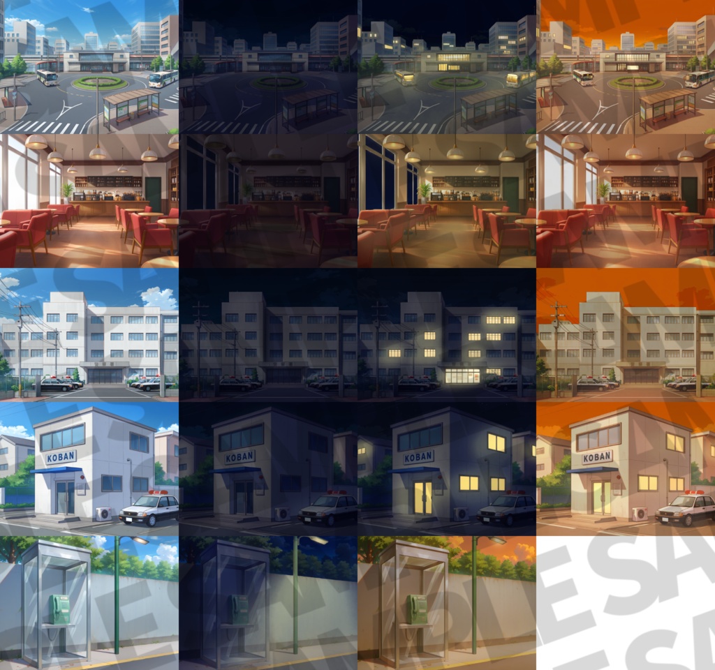 【プレミアム背景】現代の街中施設背景パック46/14枚+おまけ素材【TRPG背景素材/CoC/ゲーム素材背景イラスト】【昼夕夜差分】