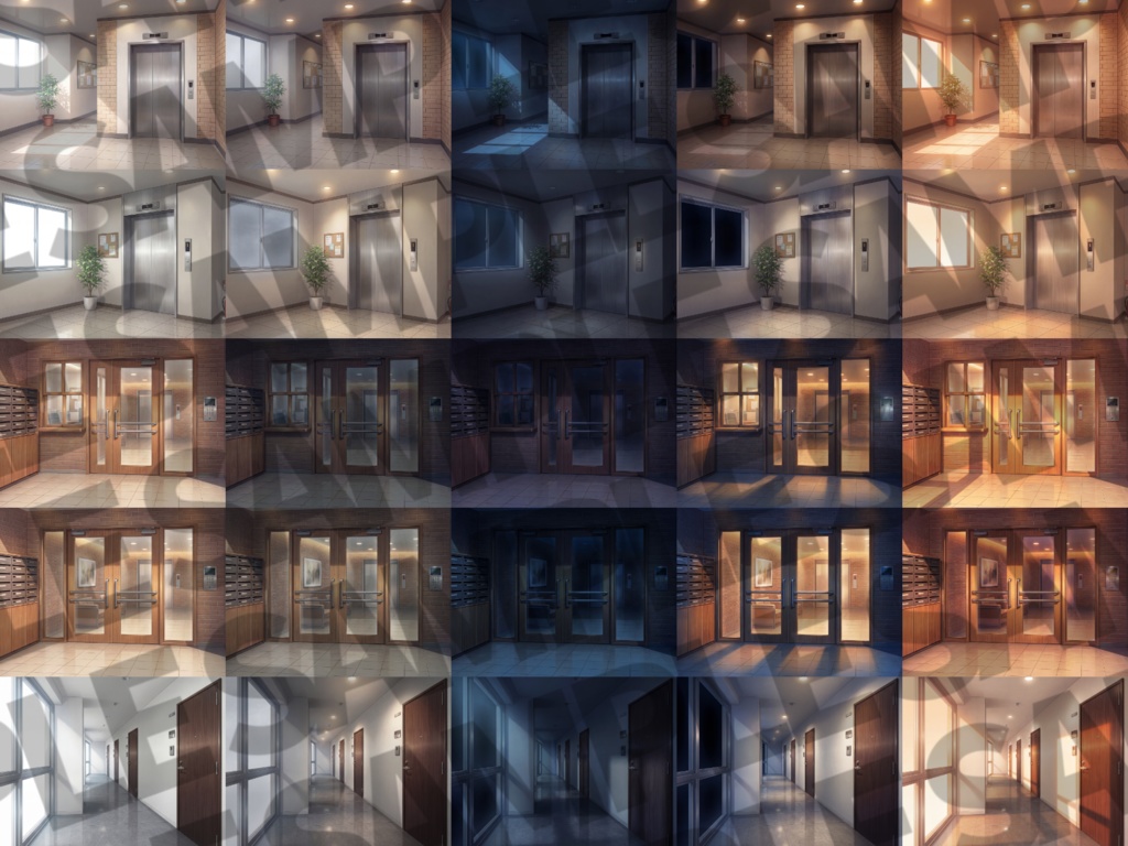 【プレミアム背景】マンション背景パック112/25枚【TRPG背景素材/CoC/ゲーム素材背景イラスト】【昼夜夕曇差分】