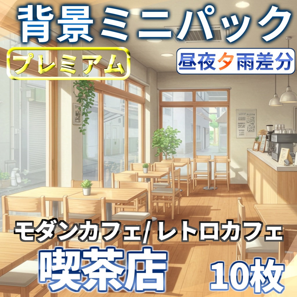 【期間限定100円！】喫茶店・カフェ背景ミニパック10枚【昼夜夕雨差分】【TRPG背景素材/CoC/ゲーム素材背景イラスト/プレミアム背景】