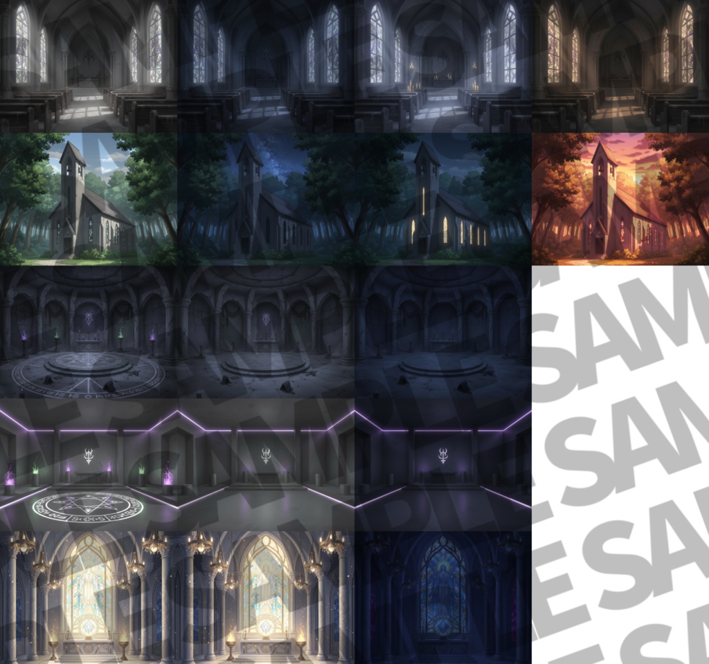 【12/7まで期間限定割引!】教会・祭壇背景パック33/9枚【TRPG背景素材/CoC/ゲーム素材背景イラスト】【昼夕夜+魔法陣差分】