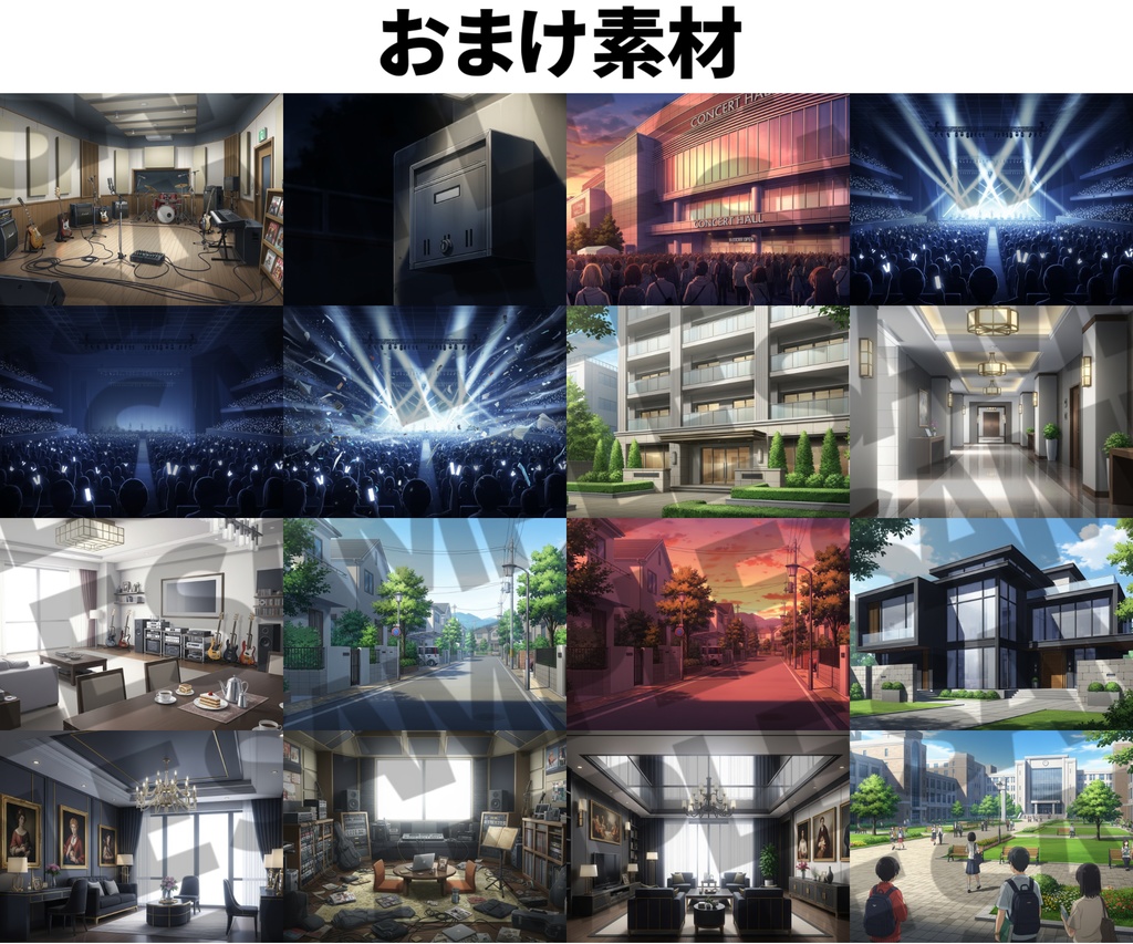 【12/7まで期間限定割引!】イベントホール・音楽施設26枚+おまけ素材【TRPG背景素材/CoC/ゲーム素材背景イラスト】【昼夜夕/人ごみ差分】