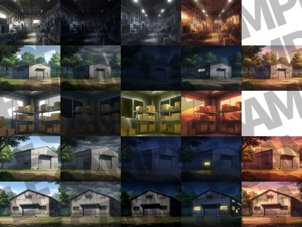 【12/1まで期間限定割引!】倉庫・工場背景パック65/15枚【TRPG背景素材/CoC/ゲーム素材/プレミアム背景イラスト】【昼夕夜曇+雨差分】