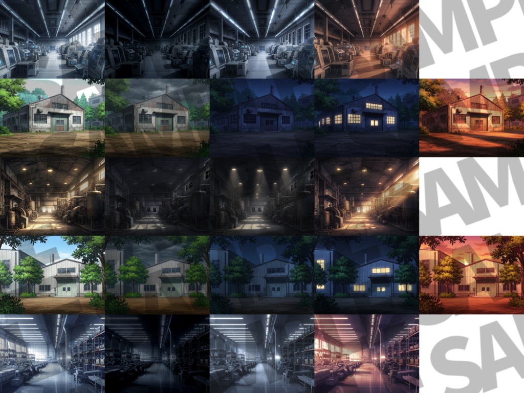 【12/1まで期間限定割引!】倉庫・工場背景パック65/15枚【TRPG背景素材/CoC/ゲーム素材/プレミアム背景イラスト】【昼夕夜曇+雨差分】