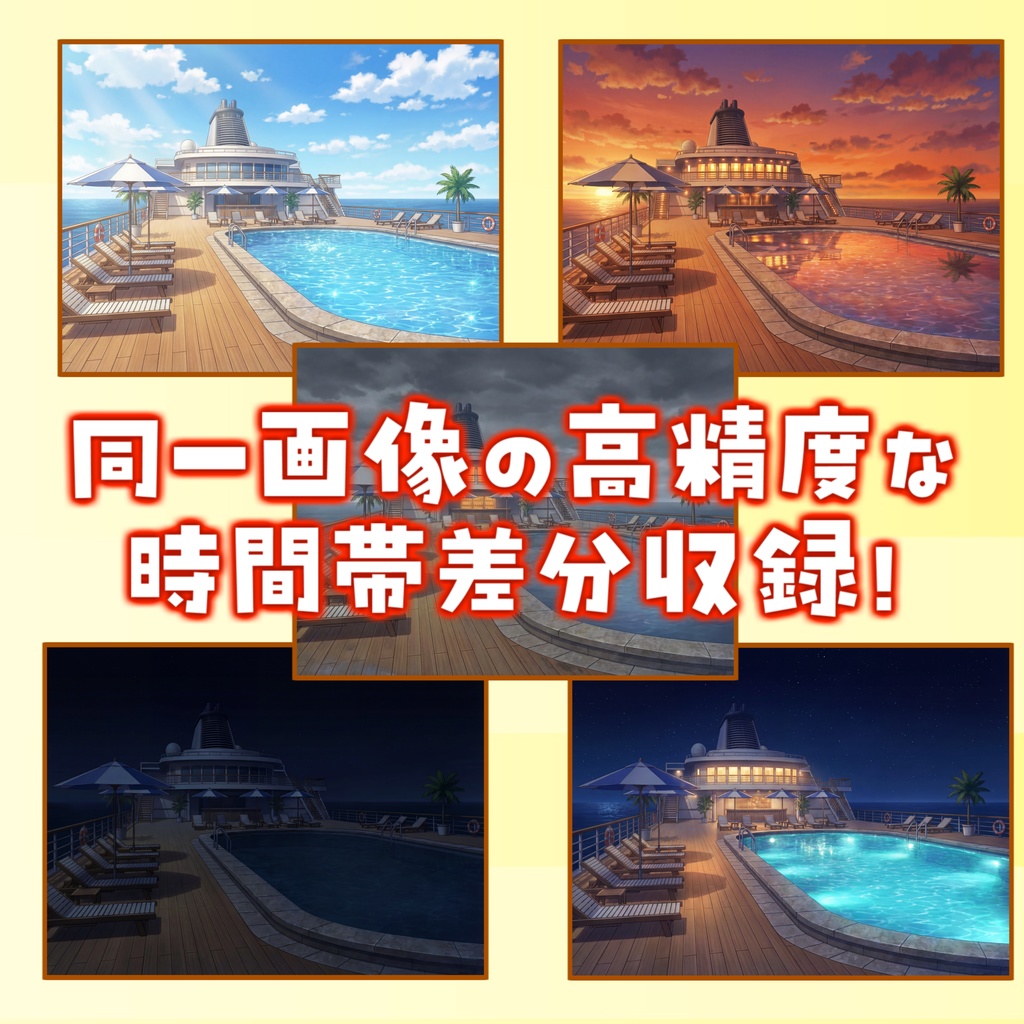 【1週間期間限定配布!】豪華客船のプール付き甲板背景イラスト【TRPG背景素材/CoC/ゲーム素材背景イラスト/プレミアム背景】【昼夜夕曇差分】