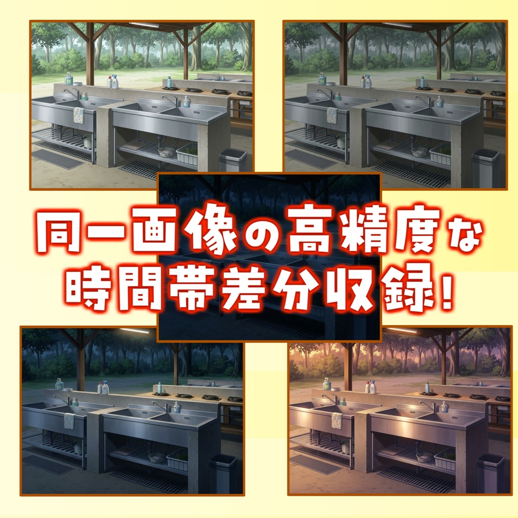 【福袋&ウィンターセール記念無料!】屋外炊事場(キャンプ場)背景イラスト【TRPG背景素材/CoC/ゲーム素材背景イラスト/プレミアム背景】【昼夜夕曇差分】【1週間期間限定配布!】