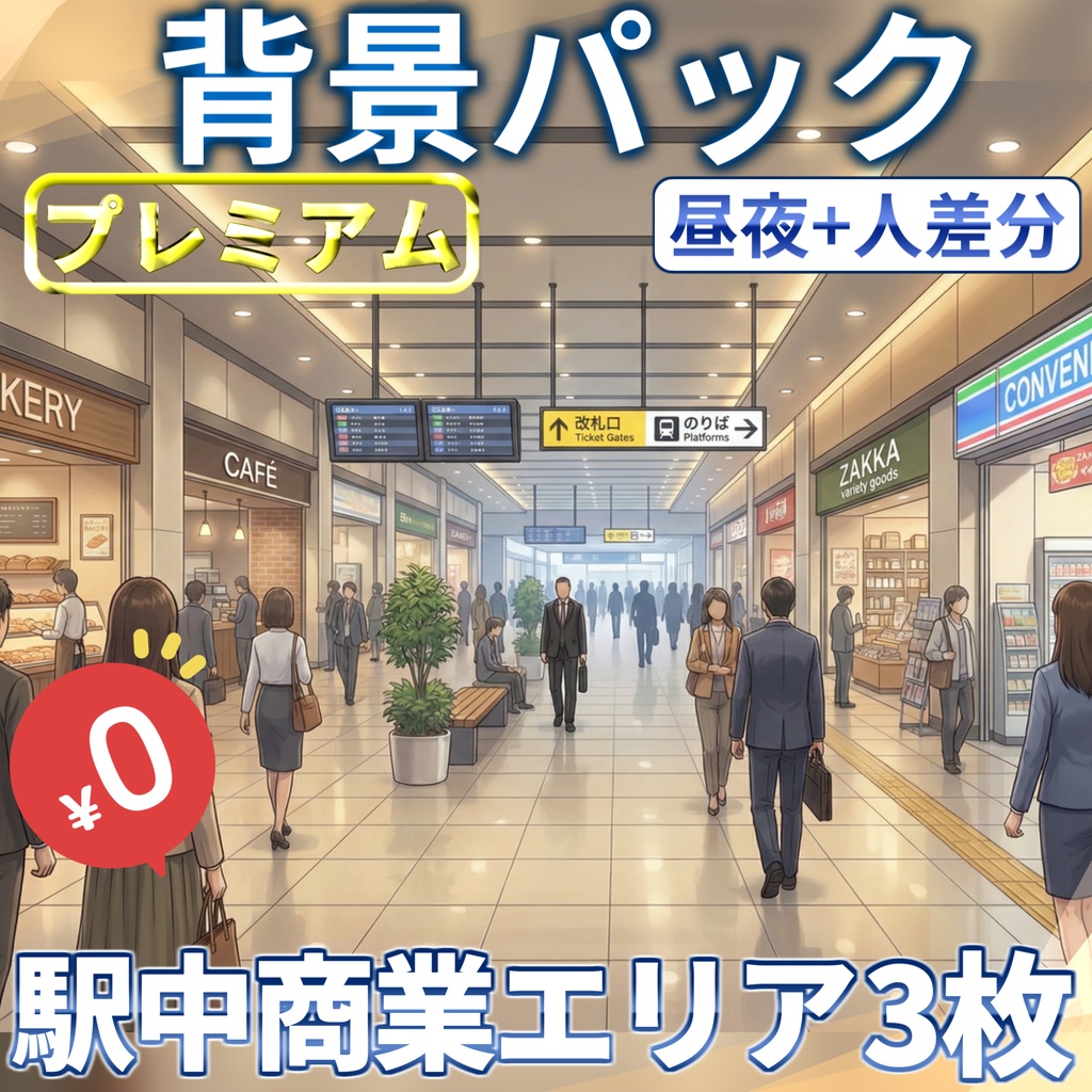 【1週間期間限定配布！】駅中の商業エリア背景イラスト【TRPG背景素材/CoC/ゲーム素材背景イラスト/プレミアム背景】【昼夜+人込み差分】