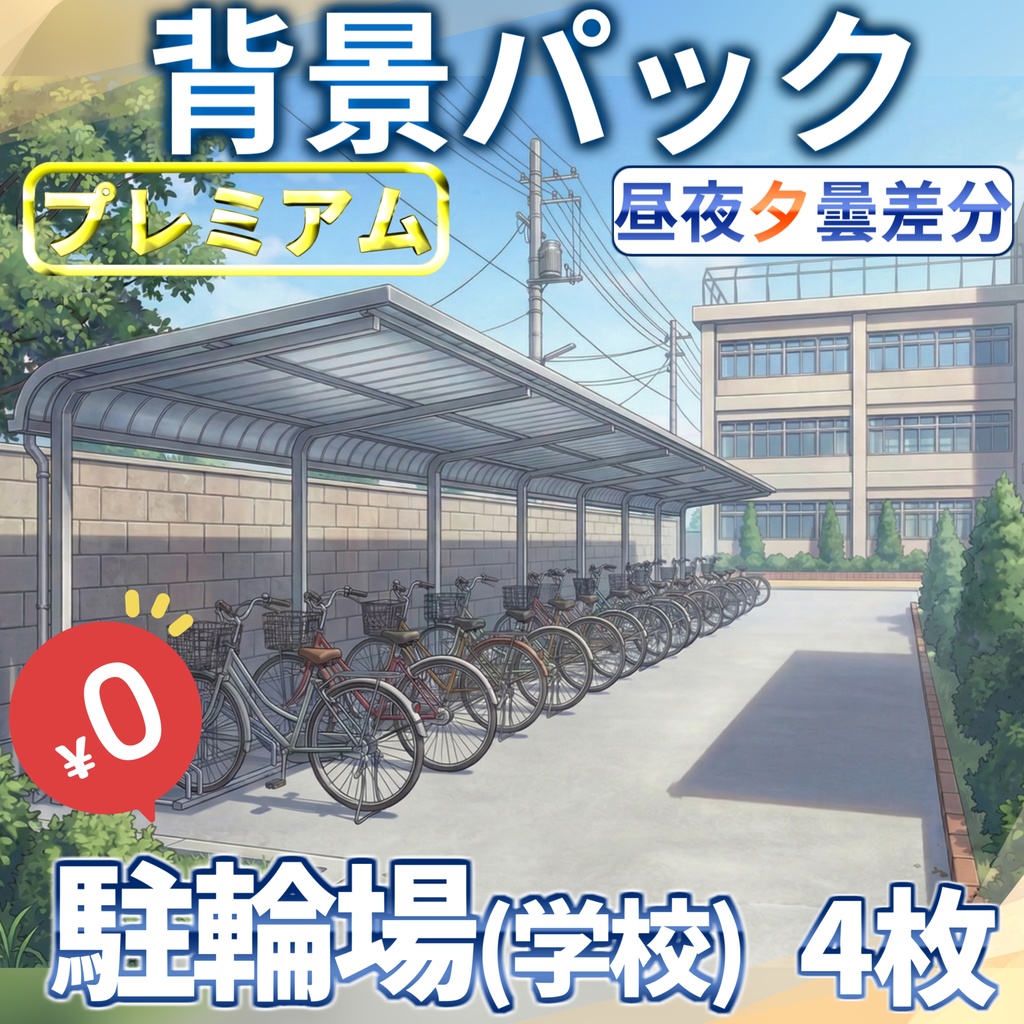 【スプリングセール無料！】学校の駐輪場背景イラスト【TRPG背景素材/CoC/ゲーム素材背景イラスト/プレミアム背景】【昼夜夕曇差分】