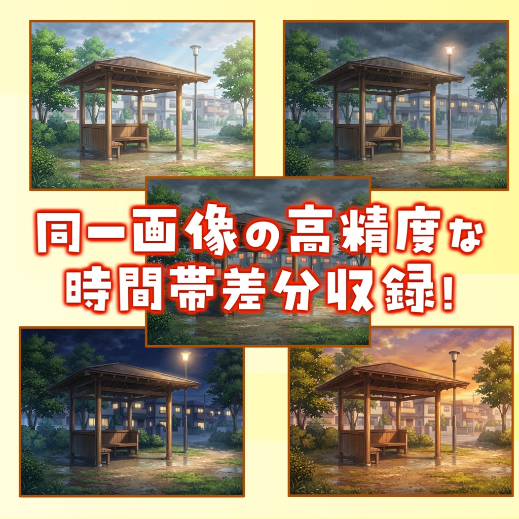 【1週間期間限定配布!】雨/雨上がり公園東屋背景イラスト【TRPG背景素材/CoC/ゲーム素材背景イラスト/プレミアム背景】【昼夜夕曇差分】