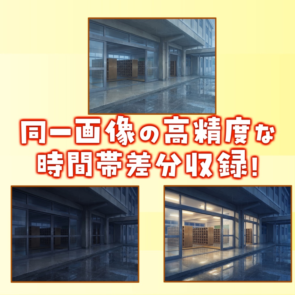 【1週間期間限定配布!】雨の学校の出口背景イラスト【TRPG背景素材/CoC/ゲーム素材背景イラスト/プレミアム背景】【昼夜夕曇差分】