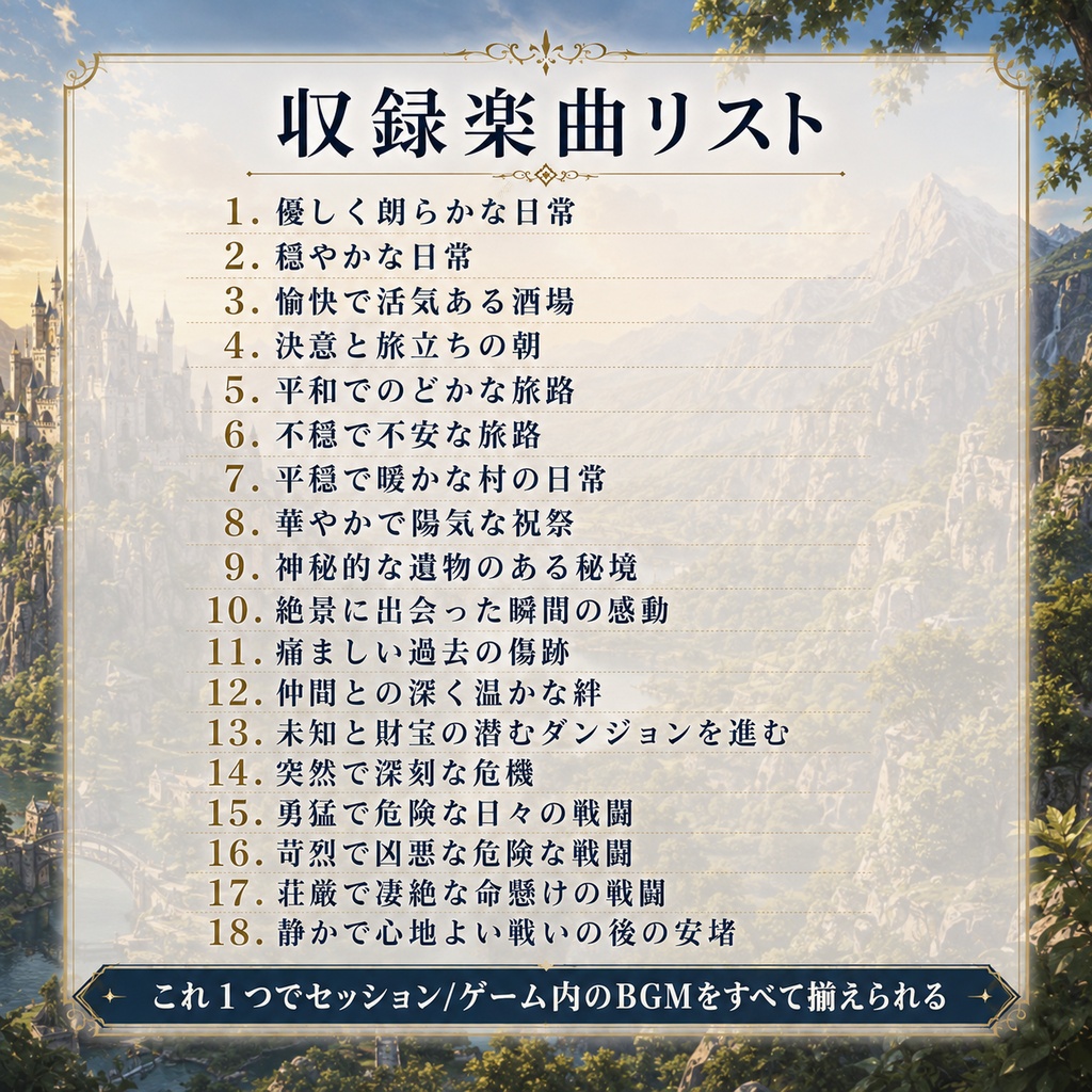 【オータムセール65%OFF!18曲】戦闘探索日常─これだけでファンタジーセッション完結BGM集【TRPG/ゲーム素材/Youtube/TRPG/背景イラスト/ BGM】