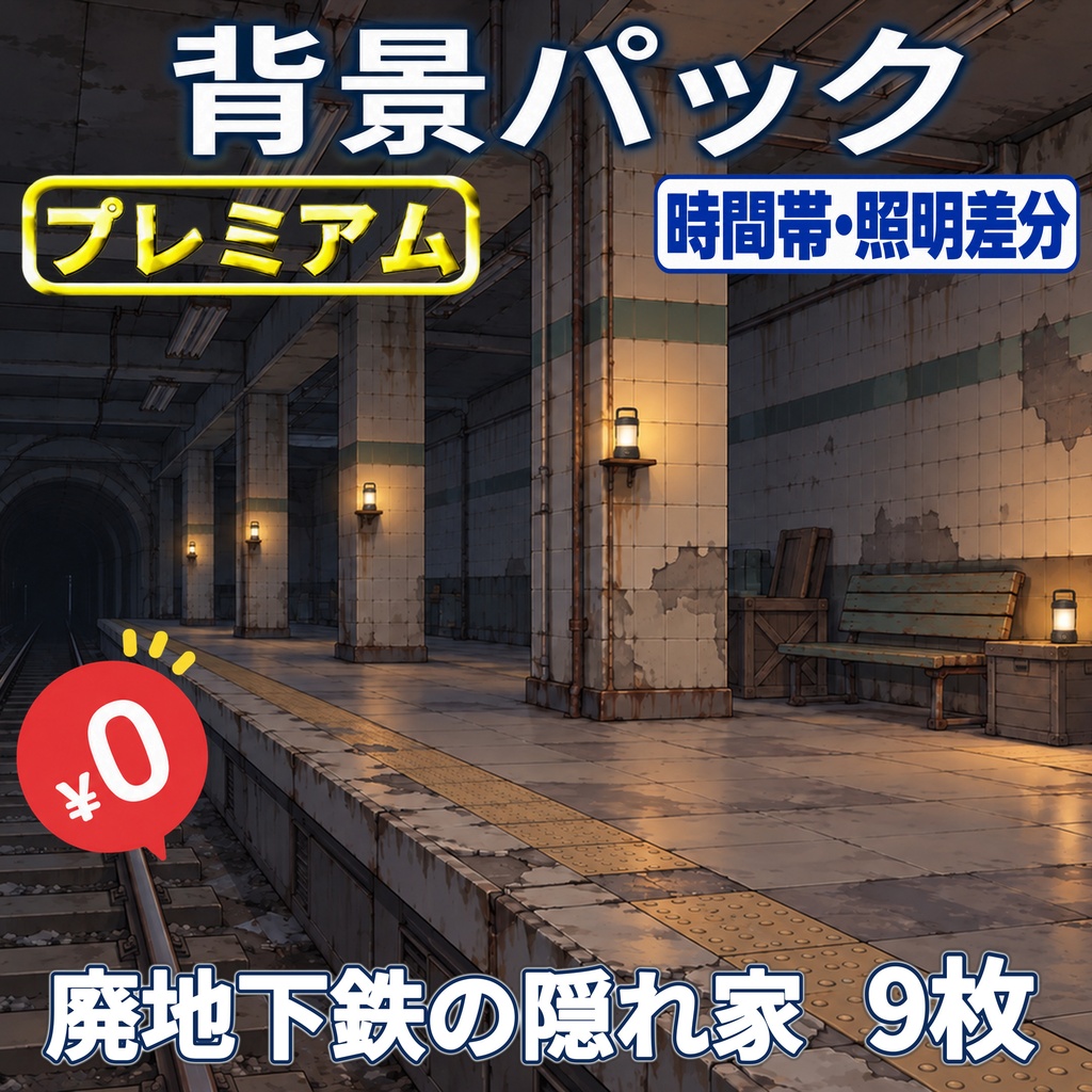 【1週間期間限定配布！】廃地下鉄の隠れ家背景イラスト【TRPG背景素材/CoC/ゲーム素材背景イラスト/プレミアム背景】【点灯・消灯／昼夜夕曇差分】