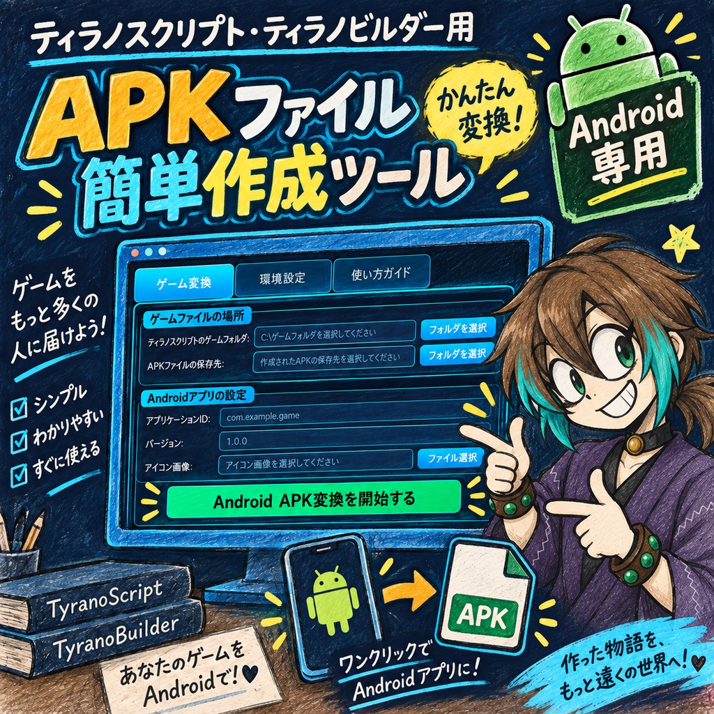 【ゲーム制作補助ツール】ティラノスクリプト&ティラノビルダー Androidアプリ APKファイル簡単作成ツール