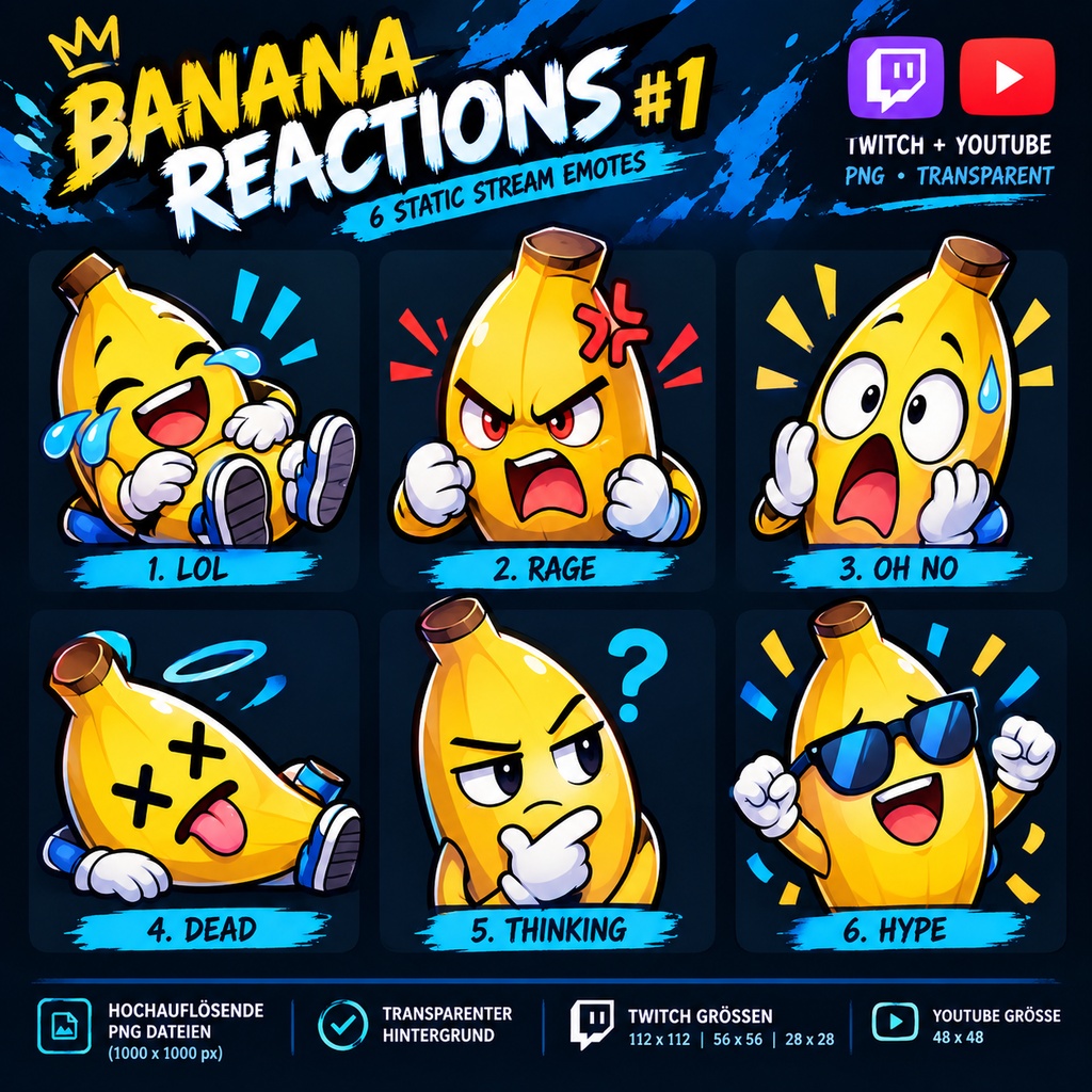 🍌 BANANA REACTIONS #1 – 6 Static Stream Emotes TWITCH & YOUTUBE