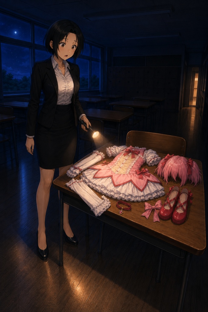 夜の学校 宿直当番で見回り中の国語教師さん 65枚 PDF+pngファイル