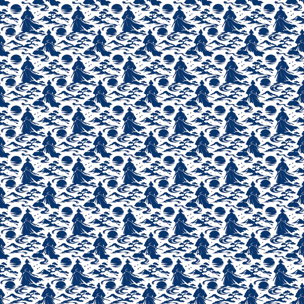 藍色侍シルエット柄のデジタルペーパー3柄セット Set of 3 digital paper designs featuring an indigo samurai silhouette pattern.
